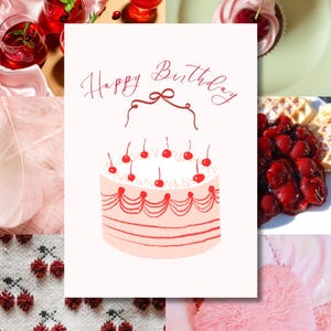 Pink Red Coquette Birthday Card | Digital Download | Cherry Cake Printable | A4 Foldable Card PDF