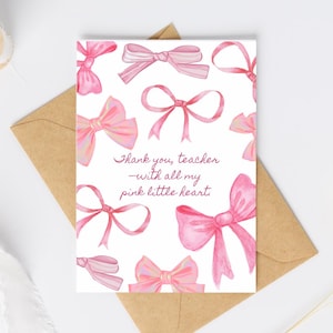 Kokette Lehrer Dankes-Karte | Rosa Schleife Printable | With All My Pink Herzchen | Faltbare A4 Digitaler Download