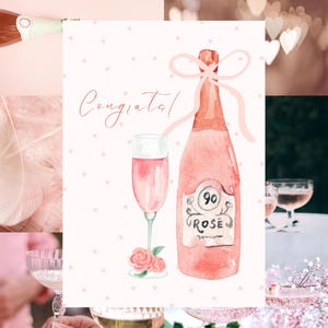 Tarjeta de felicitación imprimible: Botella y copa de rosado con lunares rosas y lazo. Descarga la tarjeta de celebración en acuarela A4.