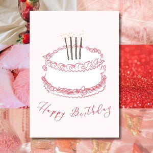 Red Cake Birthday Card | Pink Printable Birthday Card A4 | Digital Greeting Card PDF | Instant Download