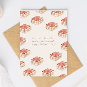 Carte de fête des pères imprimable | Jeu de mots tiramisu « Tu manques de tira à papa » | Carte pliable A4 | Art de dessert à l'aquarelle | Téléchargement instantané