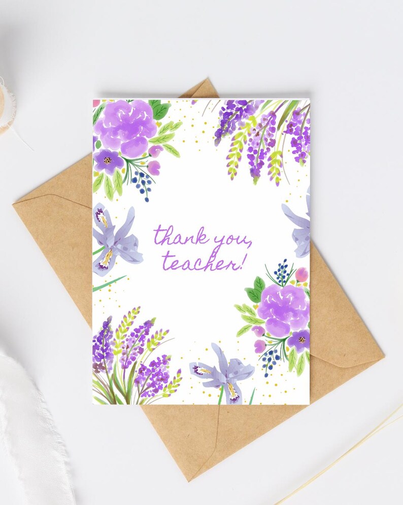 Printable Teacher Thank You Card | Purple Watercolor Floral | A4 ...