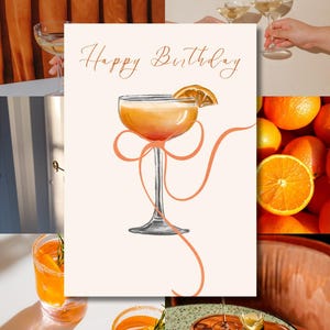 "Druckbare Orange Martini Geburtstagskarte - Elegante digitale Karte mit Schleife - ""Happy Birthday"" Cocktail ästhetischer Download."