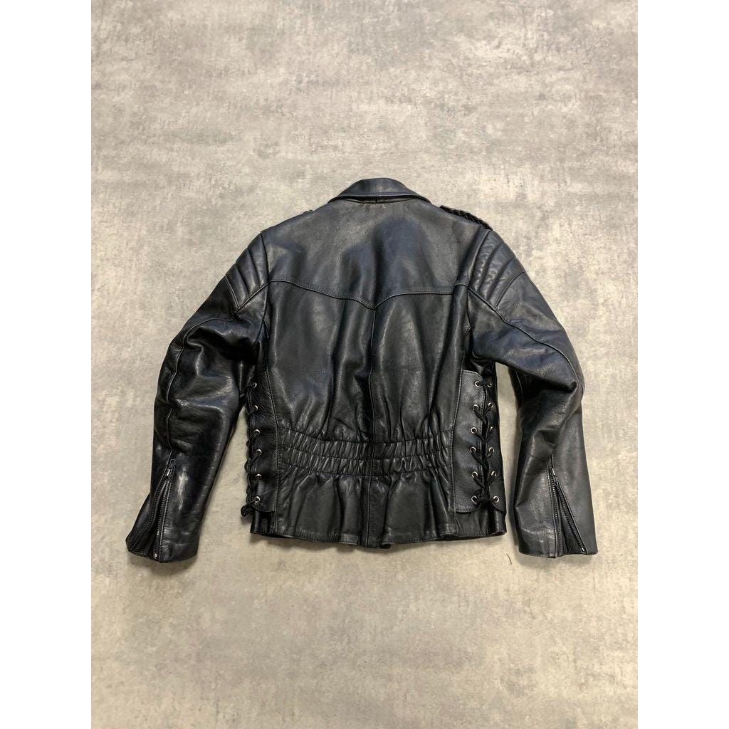 Y2k Real Leather Motorcycle Moto Biker Jacket Mens Size 54 Black