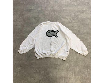 Felpa girocollo da uomo con logo centrale a spina di pesce, taglia M L, bianca