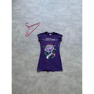 T-shirt Ed Hardy Homme Violet Avec Strass - Manches Courtes - Taille XL - Occasion