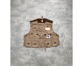 Chaleco vintage Kingfisher para hombre, estilo militar, multibolsillos, para exteriores, talla M, marrón, fabricado en Hong Kong.