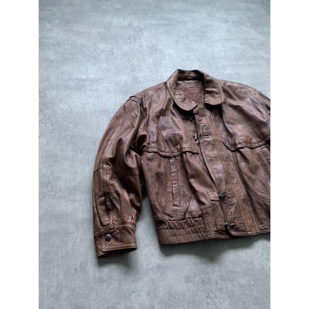 Y2K Real Leather Zip Bomber Jacket Size 50 Brown - Etsy Canada