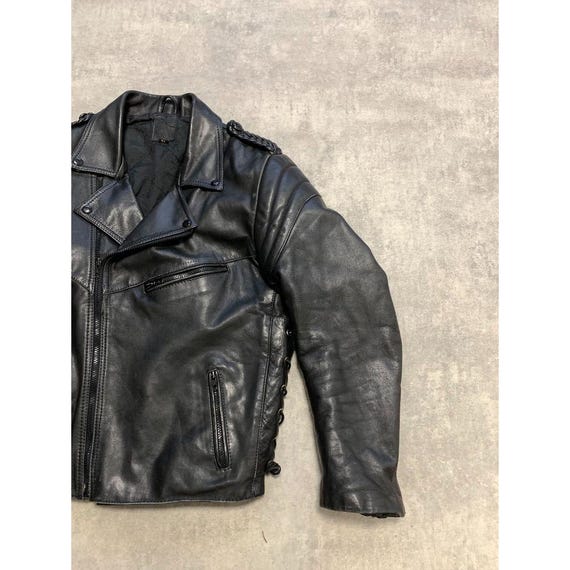 Y2k Real Leather Motorcycle Moto Biker Jacket Mens Size 54 Black