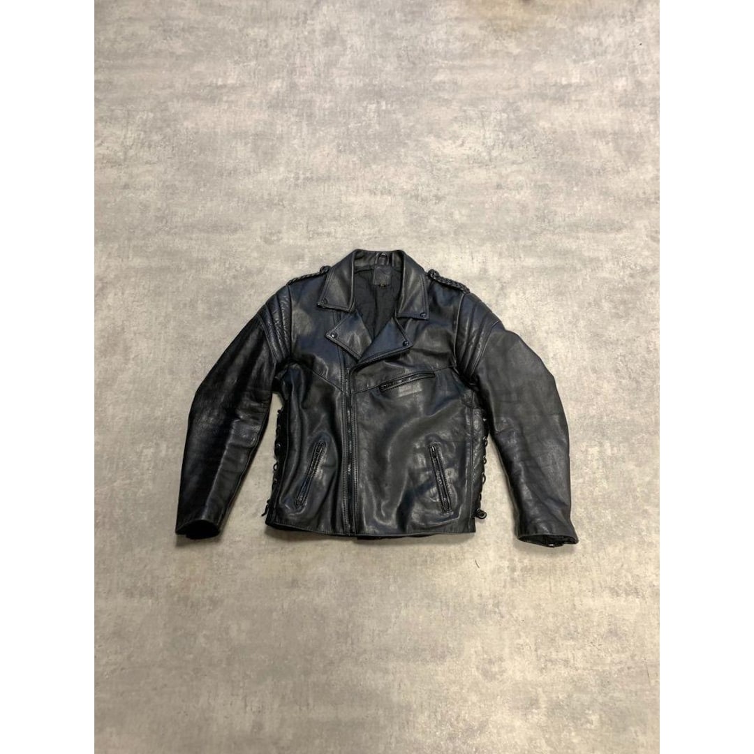 Y2k Real Leather Motorcycle Moto Biker Jacket Mens Size 54 Black