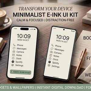 May include: Two smartphones displaying a minimalist e-ink user interface with black icons and text on a light cream background. The screens show the time 10:09, date Mon 14 Oct, and app labels including Phone, Messages, Camera, Notes, Clock, Spotify, and Settings.