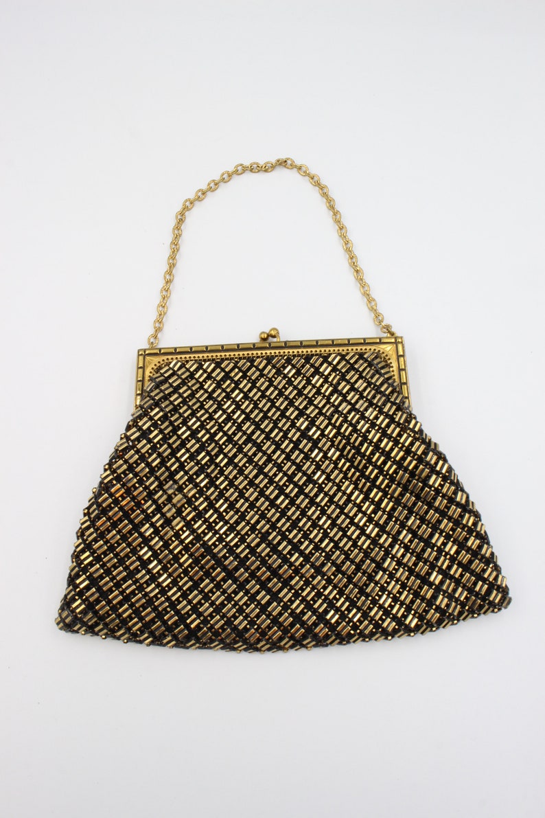 Midcentury Whiting and Davis NY Retro Antiquated Gold Brass Tone Metal Mesh Small Evening Handbag Purse 50s