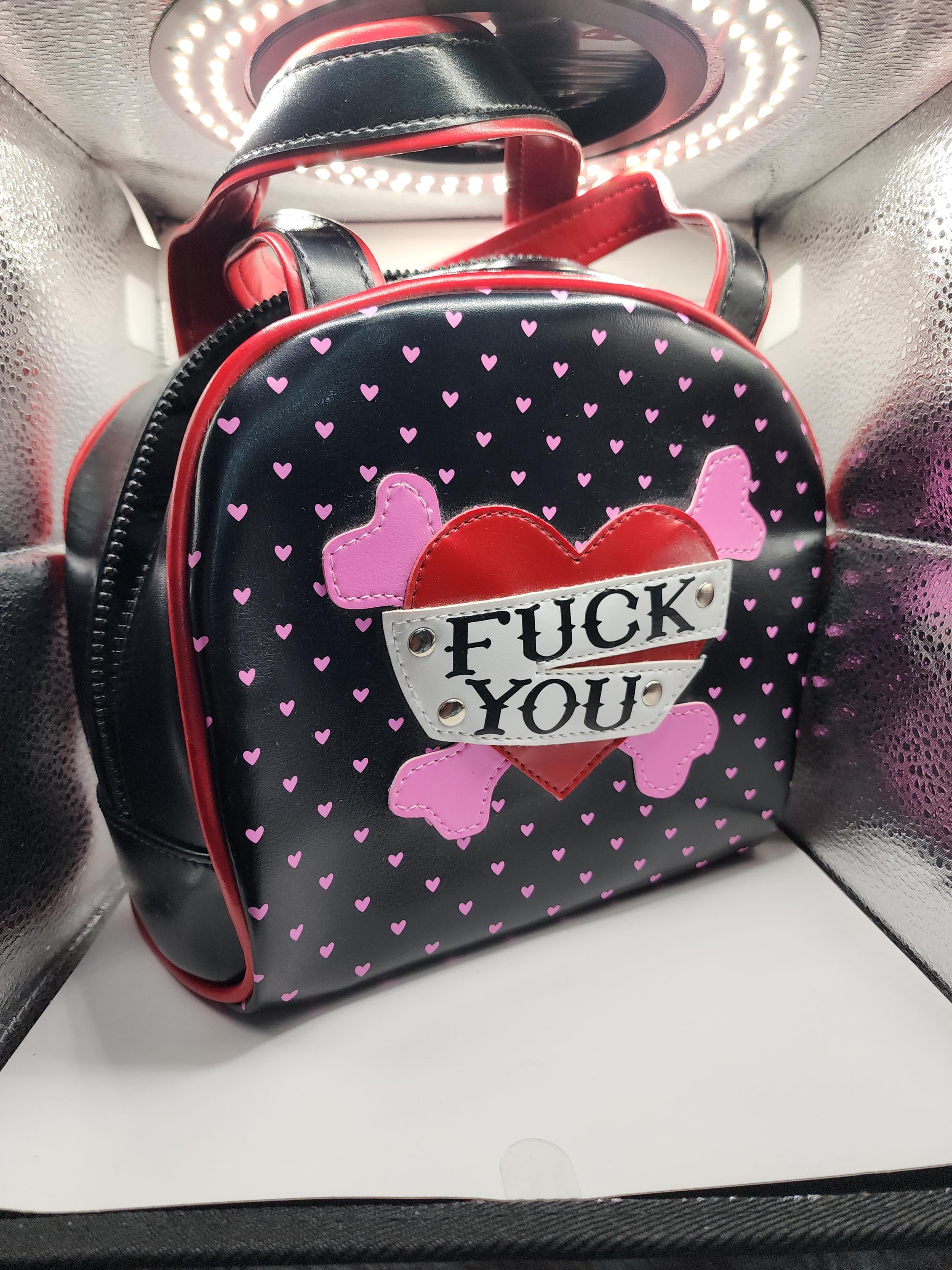 Addicted F*ck You Black Red Heart Pink Purse Pleather Faux Leather
