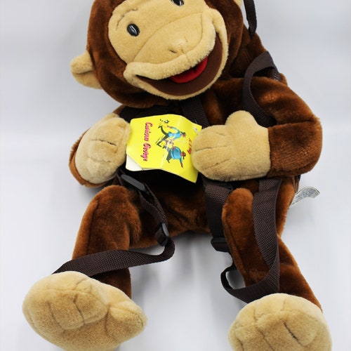 Vintage shops Retro 1990s 90s Curious George Back Pack Purse Handbag Plush Bag, FAO Tysons Corner Original Box Tags Hand Puppet Collectible GUND