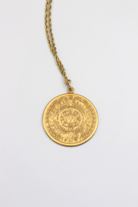 Brass Gold Tone Metal Coin Mayan Calendar Vintage 