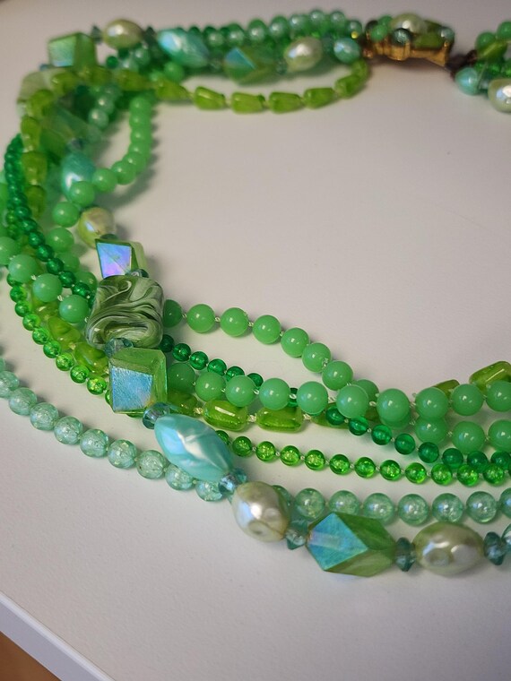 Green Multiple Multi Strand Beaded Bead Mid Centu… - image 4
