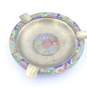 Old Antique Cloisonne Chinese Ashtray Cigarette Holder Brass Enamel Blue Green Red Signed China