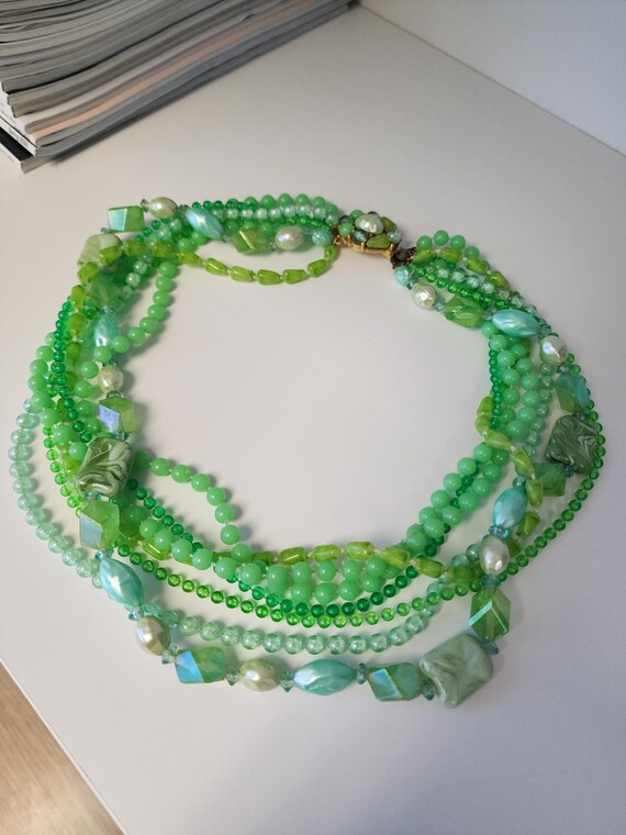 Green Multiple Multi Strand Beaded Bead Mid Centu… - image 2