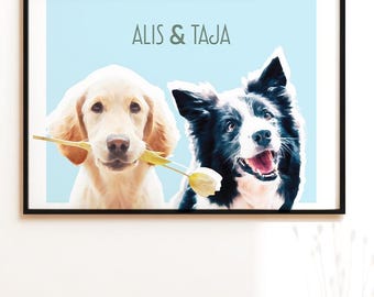 Custom Two Pet Portraits from Photo, Personalized Digital Pet Art, Pet Sympathy Gift, Memorial Gift for Pet Lovers