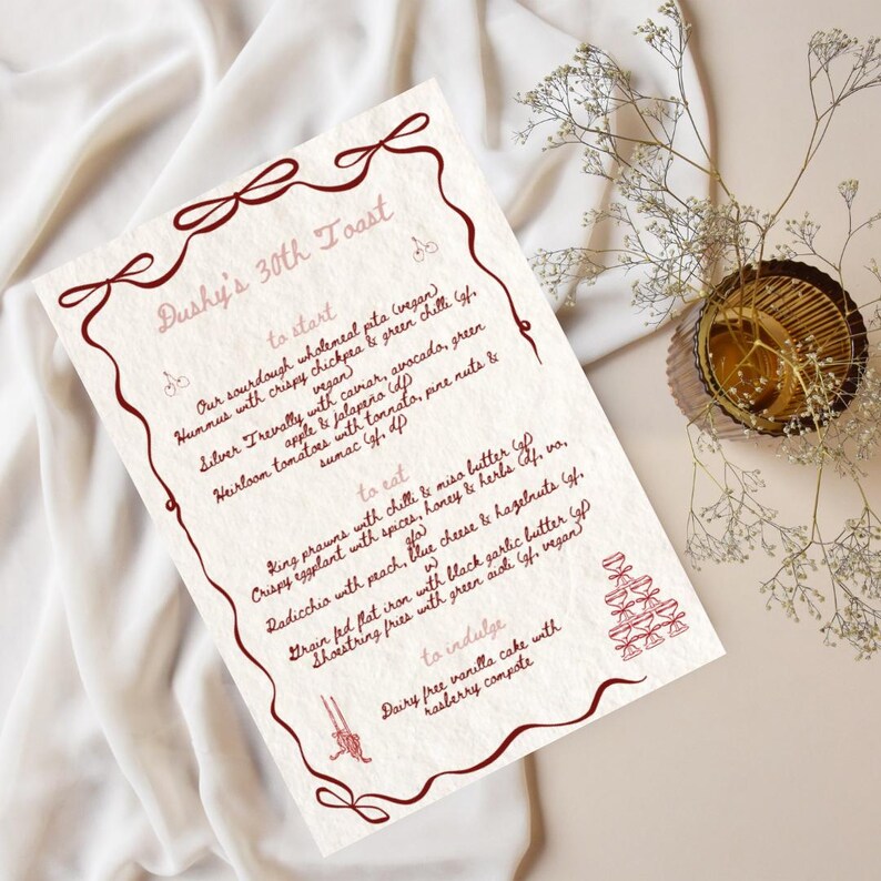 Red Ribbon Cursive Menu or Invite Template, A5 Printable Design, Maroon ...