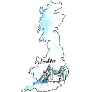 Impresión de mapa de Londres en acuarela: arte de viaje por el Reino Unido, arte mural del Tower Bridge, descarga del horizonte de una ciudad británica
