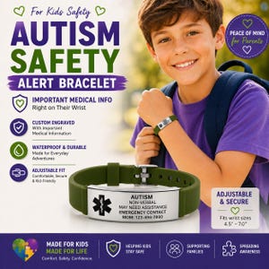Op de afbeelding: Een olijfgroene siliconen medische alarmarmband met een zilverkleurige metalen plaat met een zwart medisch symbool en de tekst: AUTISM, NON-VERBAL, MAY NEED ASSISTANCE, EMERGENCY CONTACT, MOM: 123-456-7890. De band is verstelbaar van 11,4 tot 17,8 cm.