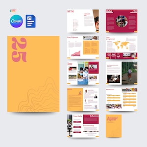 Op de afbeelding: Een lay-out van een jaarverslag met een geel en kastanjebruin kleurenschema. Het rapport bevat secties met de titels "SUM", "About us", "Global context", "Our mission", "Key figures", "Our programs", "News 2025", "Staff", "Finances", "Your help" en "Volunteer". Het nummer "25" wordt weergegeven.