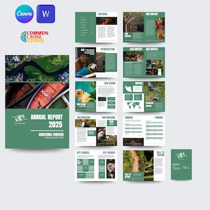 Op de afbeelding: Een lay-out voor een jaarverslag, met een groen en wit kleurenschema. Het rapport bevat afbeeldingen van de natuur, tekst en de titel "Annual Report 2025". De Canva- en W-logo's zijn zichtbaar.