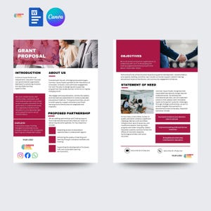 May include: A two-page grant proposal document with a burgundy and white color scheme. The document includes sections for introduction, about us, proposed partnership, and objectives. The Canva and Word logos are in the top left corner.