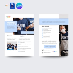 Peut inclure: Dépliant en deux pages avec un schéma de couleurs bleu et blanc. La page de gauche affiche le texte "Volunteers onboarding" et "VOLUNTEER" au-dessus d'une photo. La page de droite répertorie "What we offer" et une photo d'une personne portant un masque et un t-shirt avec le mot "VOLUNTEE".