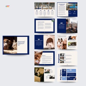 May include: A layout of an annual report with a navy blue and white design. The cover features a dog and cat, with the text "annual report 2026". Inside, there are images of animals and people, with text and charts.