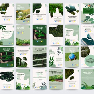 Op de afbeelding: Een verzameling informatieve posters met groene en witte achtergronden. De posters bevatten afbeeldingen van bossen, planten en handen die zaailingen vasthouden. Tekst bevat zinnen als "Forest Futures" en "Youth for Forests Rally."