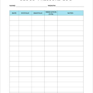 Puede incluir: Una hoja de registro de presi&oacute;n arterial blanca con texto negro y una fila de encabezado azul claro. El documento incluye campos para nombre y mes, seguidos de una tabla con columnas etiquetadas Date, Systolic, Diastolic, Medication (Y/N) y Notes.