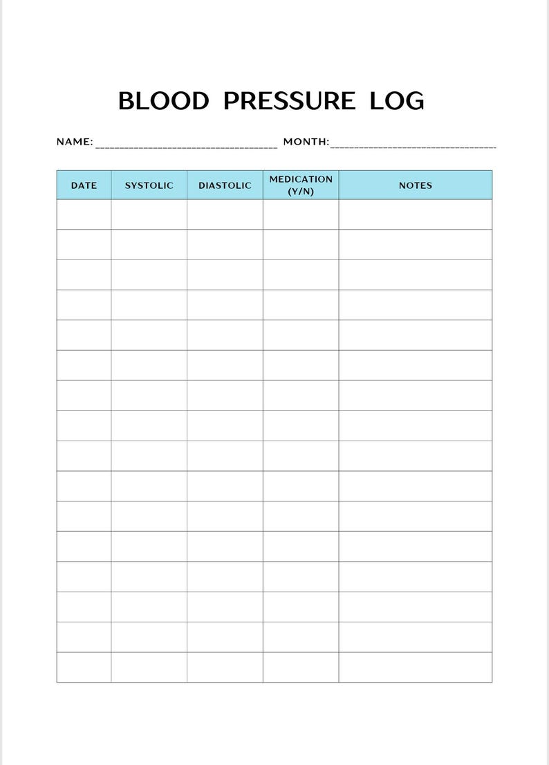 Puede incluir: Una hoja de registro de presi&oacute;n arterial blanca con texto negro y una fila de encabezado azul claro. El documento incluye campos para nombre y mes, seguidos de una tabla con columnas etiquetadas Date, Systolic, Diastolic, Medication (Y/N) y Notes.
