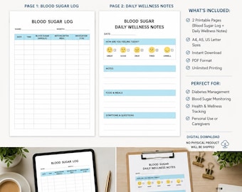 Puede incluir: Un planificador imprimible de dos páginas para el registro de glucosa y notas de bienestar diario. La primera página incluye una tabla para anotar fecha, hora, niveles de azúcar, comidas y medicación. La segunda página contiene un rastreador de estado de ánimo y secciones para notas, alimentos y síntomas.