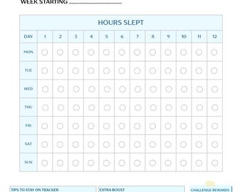 Puede incluir: Una tabla de seguimiento del sueño en papel blanco con texto en negro. El encabezado dice SLEEP TRACKER, NAME y WEEK STARTING. Una cuadrícula muestra los días de la semana y las horas de sueño de 1 a 12 con círculos para marcar. Incluye secciones para TIPS TO STAY ON TRACKER, EXTRA BOOST y CHALLENGE REWARDS.