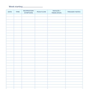 May include: A white Respiratory Health Tracker log sheet with blue headers and borders. The document features a Week starting line and a table with columns for Date, Time, Respiratory Symptoms, Peak Flow, Inhaler/Medication, and Trigger/Notes.