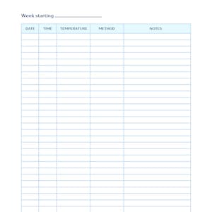 Puede incluir: Un documento de papel blanco titulado Temperature Log con un encabezado ondulado de color azul claro. Incluye una línea de Week starting y una tabla con columnas para Date, Time, Temperature, Method y Notes para registrar datos.