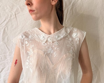 Antike Edwardian Französische bestickte Tüll Mieder Bluse | 1910er Jahre schlichtes Netz Top- S