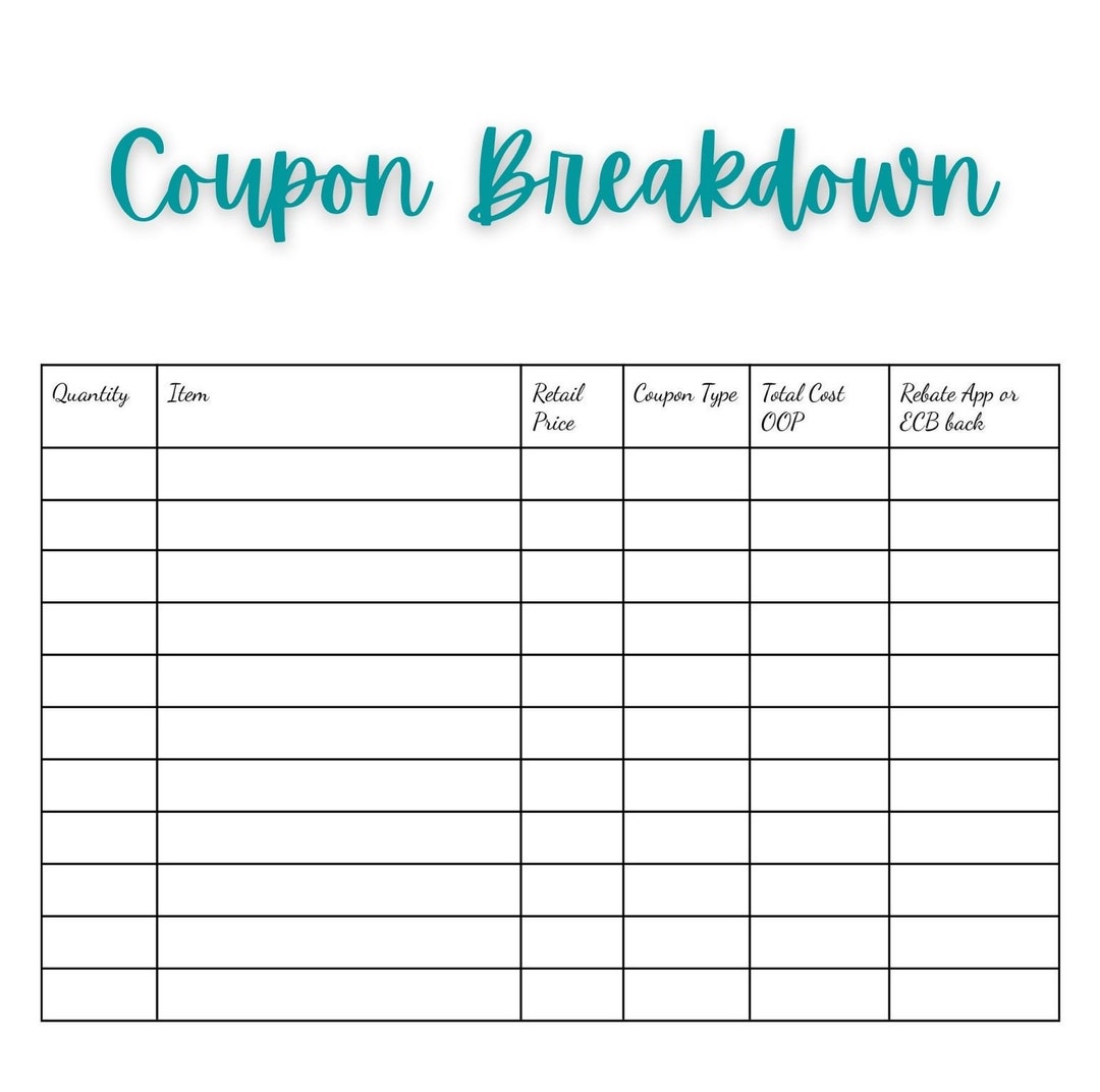 Printable Coupon Breakdown Sheet