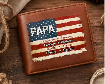 Personalized American Flag Leather Wallet for Dad, Custom Names Bifold Gift