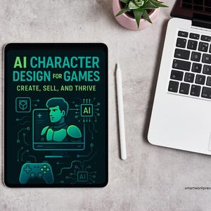 May include: A tablet displays "AI CHARACTER DESIGN FOR GAMES: CREATE, SELL, AND THRIVE" with a graphic of a person and a game controller. A white stylus and a laptop are next to the tablet. A small plant in a pink pot is also visible.