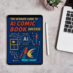 May include: A tablet showing "THE ULTIMATE GUIDE TO AI COMIC BOOK SUCCESS" in white and orange text on a blue background, with AI graphics. A white stylus and a laptop are on a grey surface. The image is taken from above.