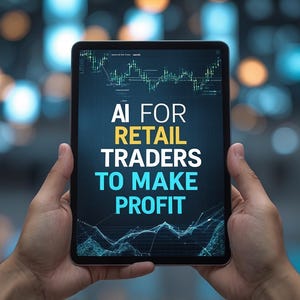 Op de afbeelding: Een tablet met een financieel diagram en de tekst "AI FOR RETAIL TRADERS TO MAKE PROFIT." Het scherm wordt door twee handen vastgehouden, met een vage achtergrond van stadslichten.