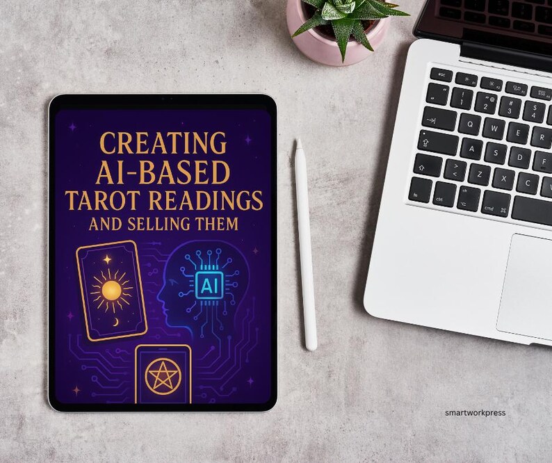 May include: A digital tablet displays the text "CREATING AI-BASED TAROT READINGS AND SELLING THEM" with tarot card illustrations. A white stylus, a laptop, and a small potted plant are also visible on a gray surface.