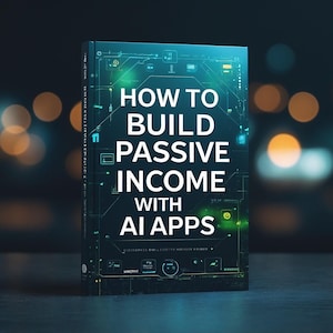 Könnte beinhalten: Ein Buch mit dem Titel "HOW TO BUILD PASSIVE INCOME WITH AI APPS" steht aufrecht. Das Cover ist dunkel mit einem Leiterplattendesign und grünen Highlights. Der Hintergrund ist verschwommen mit Bokeh-Lichtern.