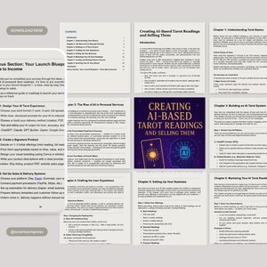 May include: A digital product layout with the title "Creating AI-Based Tarot Readings and Selling Them." The layout includes chapters, a table of contents, and a bonus section titled "Your Launch Blueprint Idea to Income."