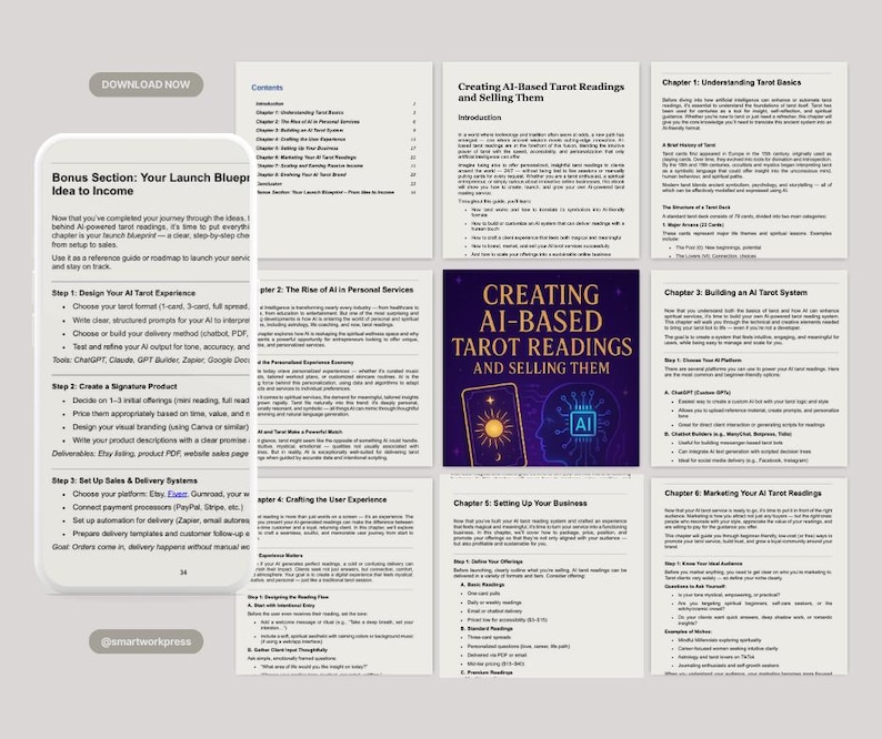 May include: A digital product layout with the title "Creating AI-Based Tarot Readings and Selling Them." The layout includes chapters, a table of contents, and a bonus section titled "Your Launch Blueprint Idea to Income."