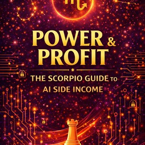 May include: Book cover with a dark purple and orange background. The gold text reads "POWER & PROFIT". A Scorpio symbol, constellations, and a chess piece are also featured.