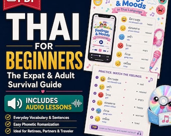 Adult Learn Thai Feelings Moods PDF with Audio | Expat Survival Emotions Vocabulary Workbook | Speak Thai Phrases Moving to Thailand